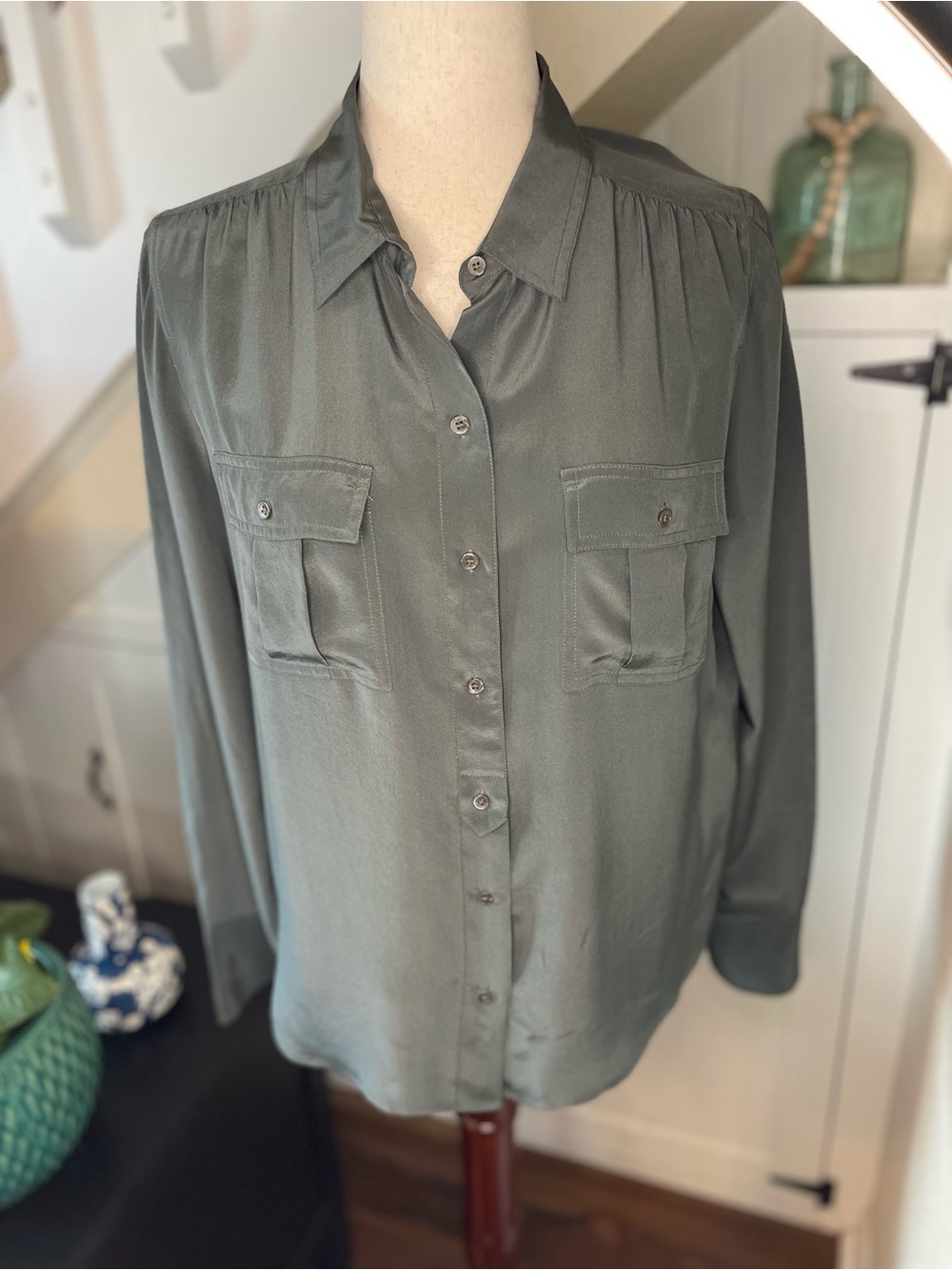 J. Crew Silk Slate Gray Button-Up Blouse Sz 12 *flaw*